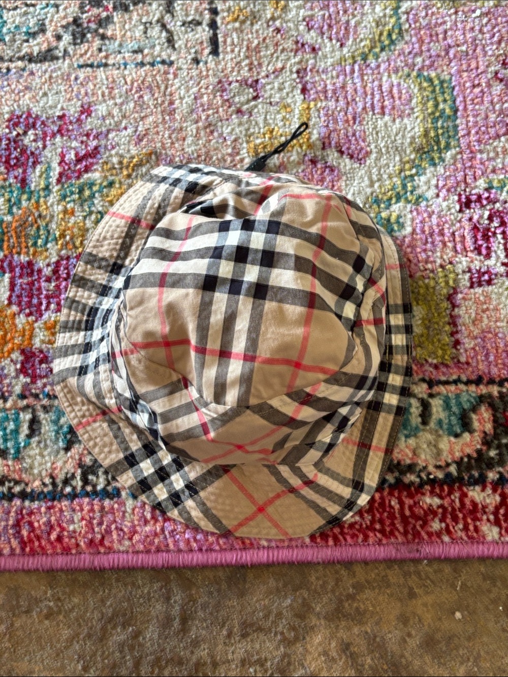 Burberry Beige Plaid Bucket Hat with Black and Red Checks
